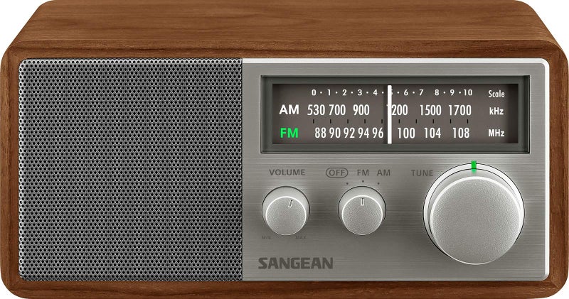 SANGEAN جهاز استقبال سونجيان SG-116 AM/FM التناظري بخزانة خشبية، جوزي-فضي - Image 1